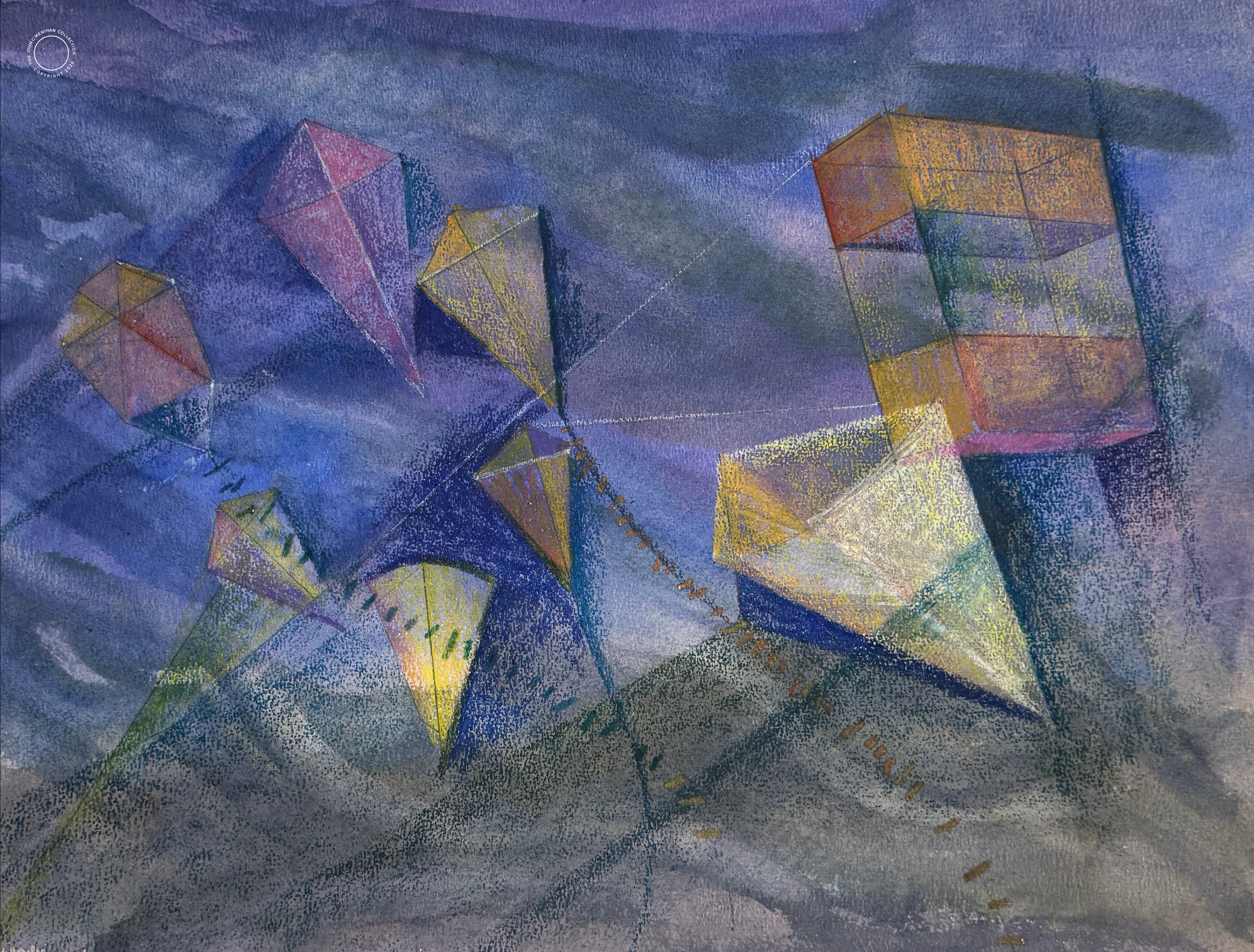  Flying Kites 
c. 1961 
 Watercolor  
20” X 26” – Unsigned 
John C. Menihan (1908–1992)  
Availability: 
• Original: In Private Collection / Available  • Limited Edition Prints: Available in editions of 50 
 TAGS: Abstract 