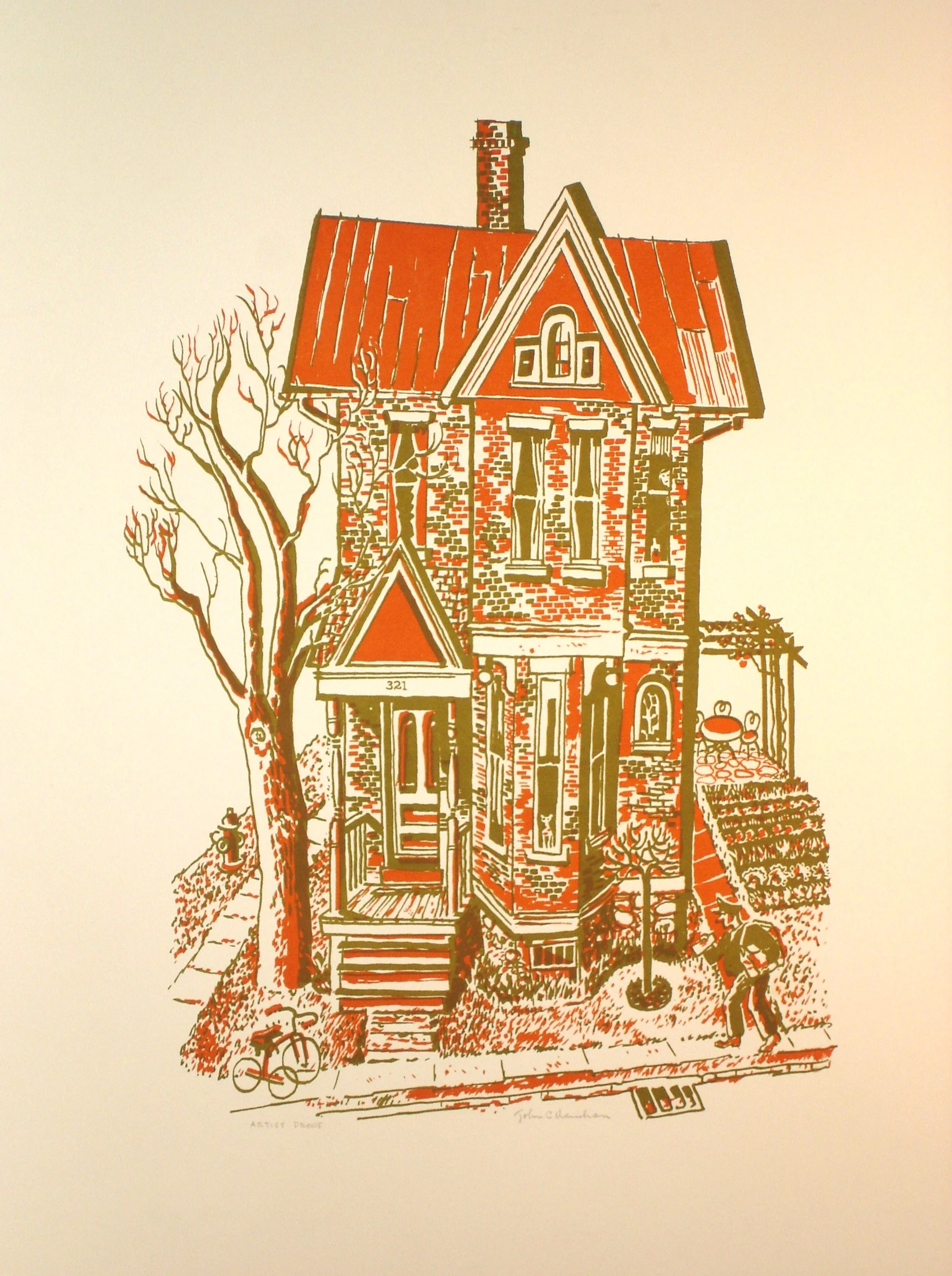  City Block Corner House 
c. 1969 
 Serigraph  
18” X 12” - Signed 
John C. Menihan (1908–1992)  
Availability: 
• Original: In Private Collections / Available 
• Limited Edition Prints: Special Orders Only 
 TAGS: TEST 1, Rochester, Urban 
