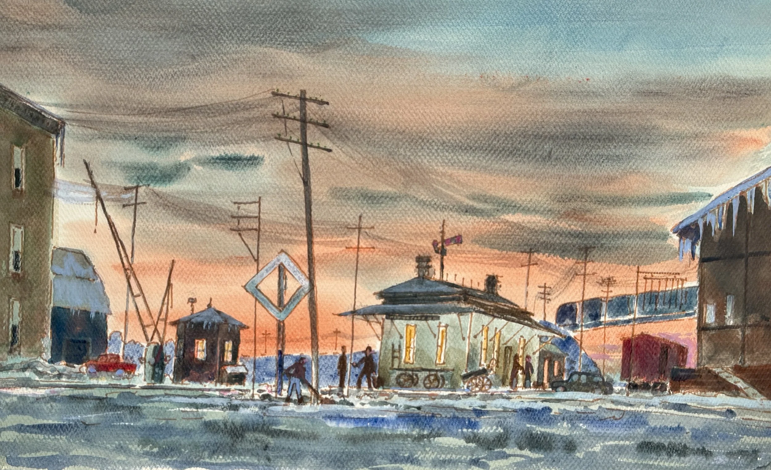  Pittsford Depot 
c. 1958 
 Watercolor  
13” X 20” – Unsigned 
John C. Menihan (1908–1992)  
Availability: 
• Original: In Private Collection / Available  • Limited Edition Prints: Available in editions of 50 
 TAGS: Pittsford 