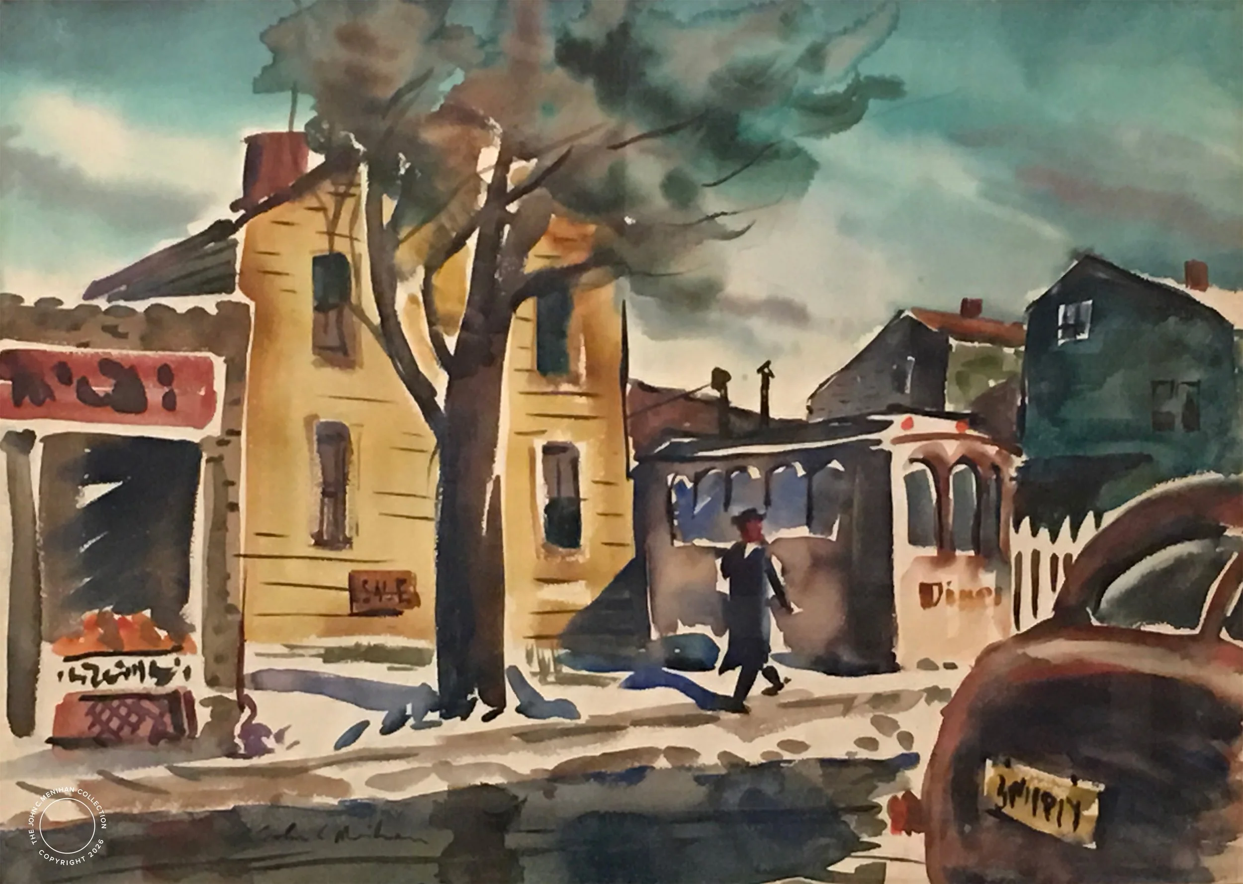  Bulls Head Diner 
c. 1959 
 Watercolor  13” X 20” – Unsigned 
John C. Menihan (1908–1992)  
Availability: 
• Original: In Private Collection / NFS 
• Limited Edition Prints: Available in editions of 50   TAGS: Urban, Rochester 