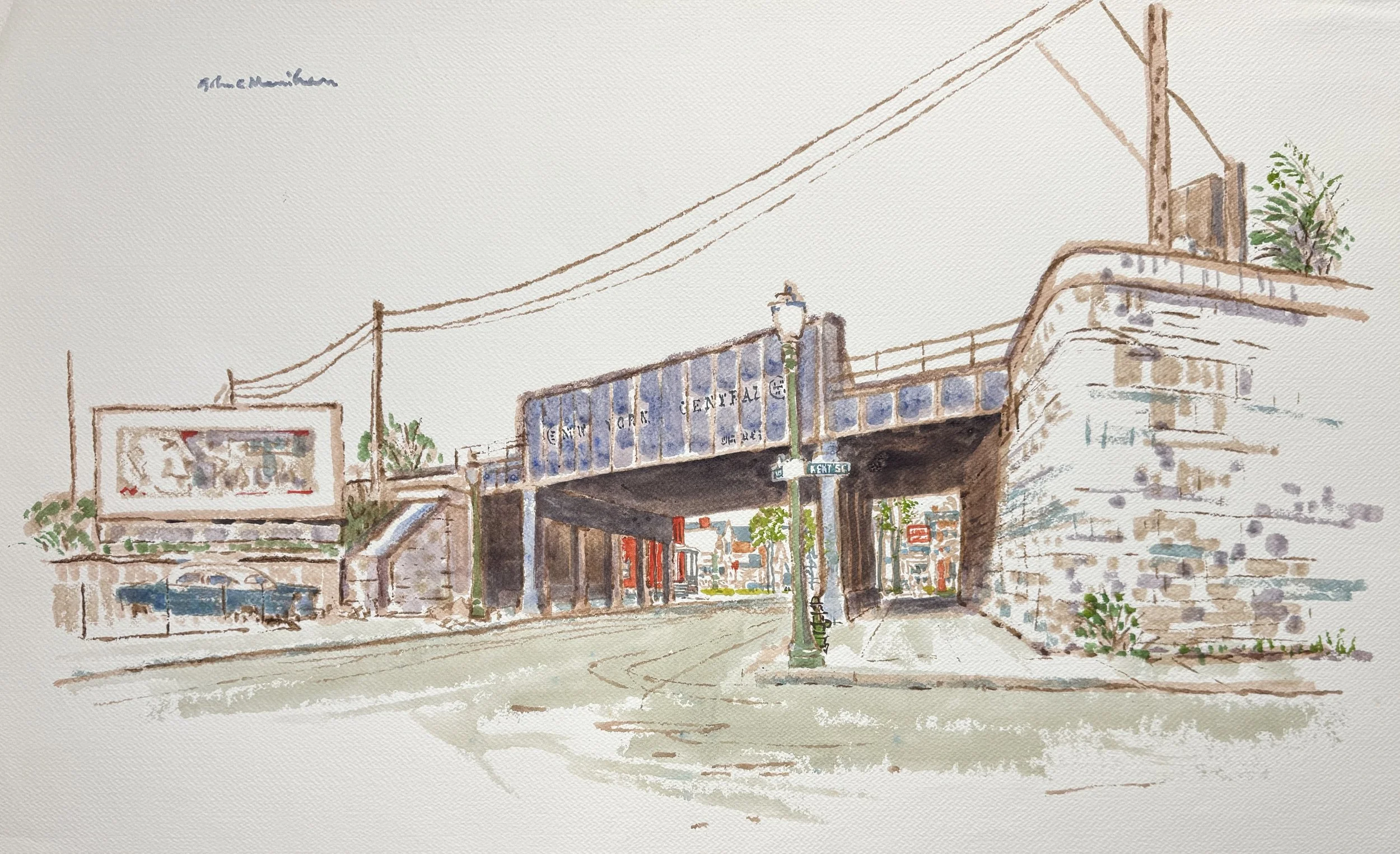 Kent Street Overpass 
c. 1970 
 Watercolor  
26” X 40” – Signed 
John C. Menihan (1908–1992)  
Availability: 
• Original: In Private Collection / Available 
• Limited Edition Prints: Available in editions of 50 
 TAGS: Urban, Rochester