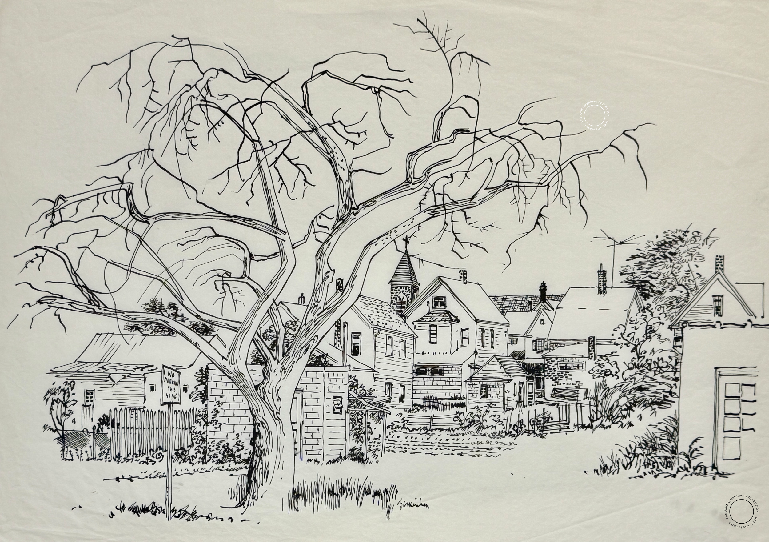  East Rochester Neighborhood 
c. 1956 
 Pen &amp; Ink – Signed 
13” X 20” 
John C. Menihan (1908–1992)  
Availability: 
• Original: In Private Collection / Not available 
• Limited Edition Prints: Available in editions of 50 
 TAGS: Rochester, Urban 