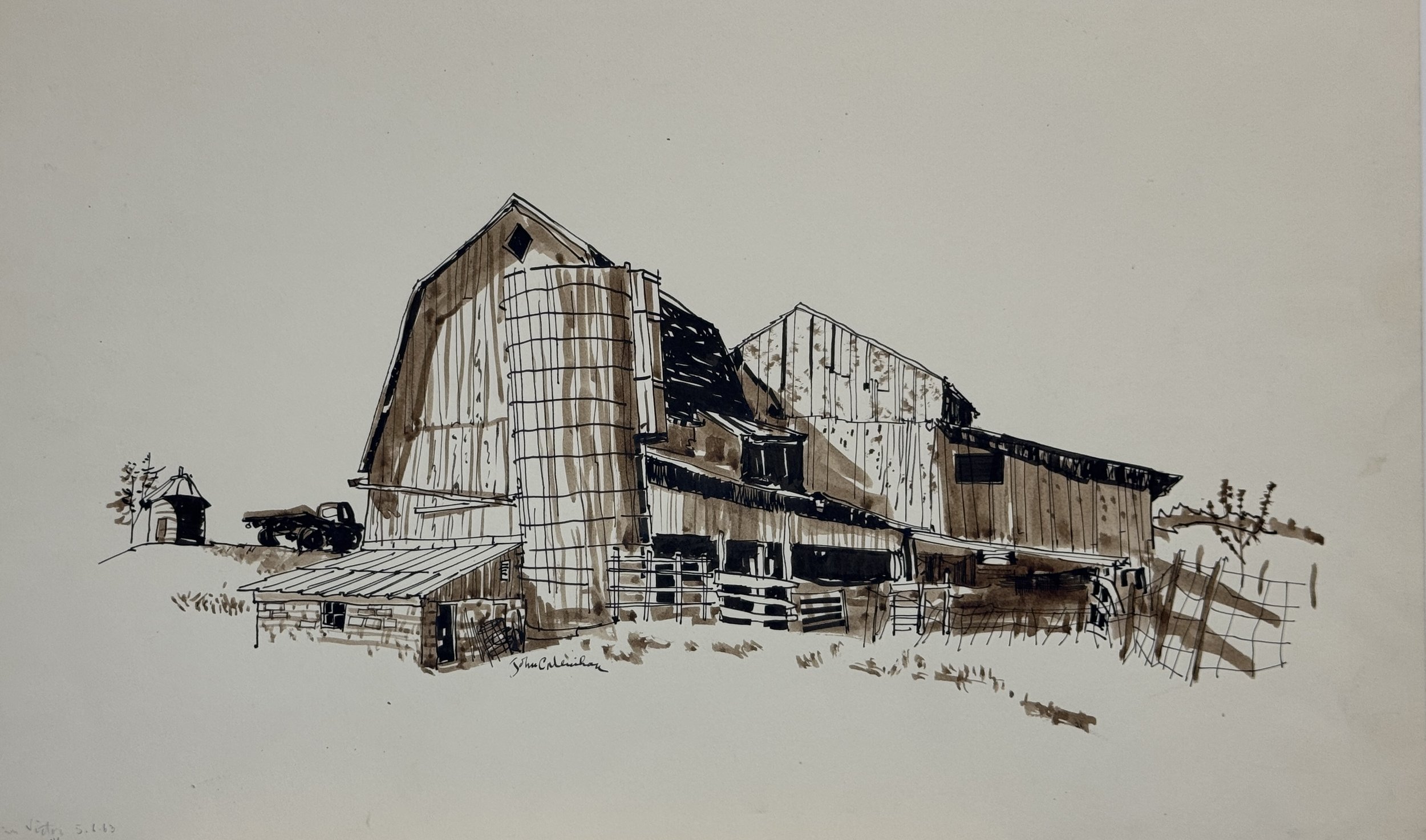 Mendon Farmyard 
c. 1969 
 Pen & Ink  – Signed 
13” X 26” 
John C. Menihan (1908–1992)  
Availability: 
• Originals: In Private Collection / Available 
• Limited Edition Prints: Available in editions of 50 
 TAGS: