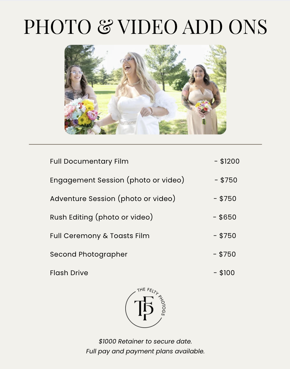 Wedding photography and videography services price list with a picture of three women in a park, one in a white dress holding flowers, smiling, and two women in dresses holding bouquets.