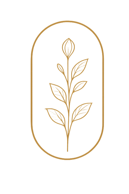Gold outline of a flowering plant with five leaves inside a rounded rectangle.