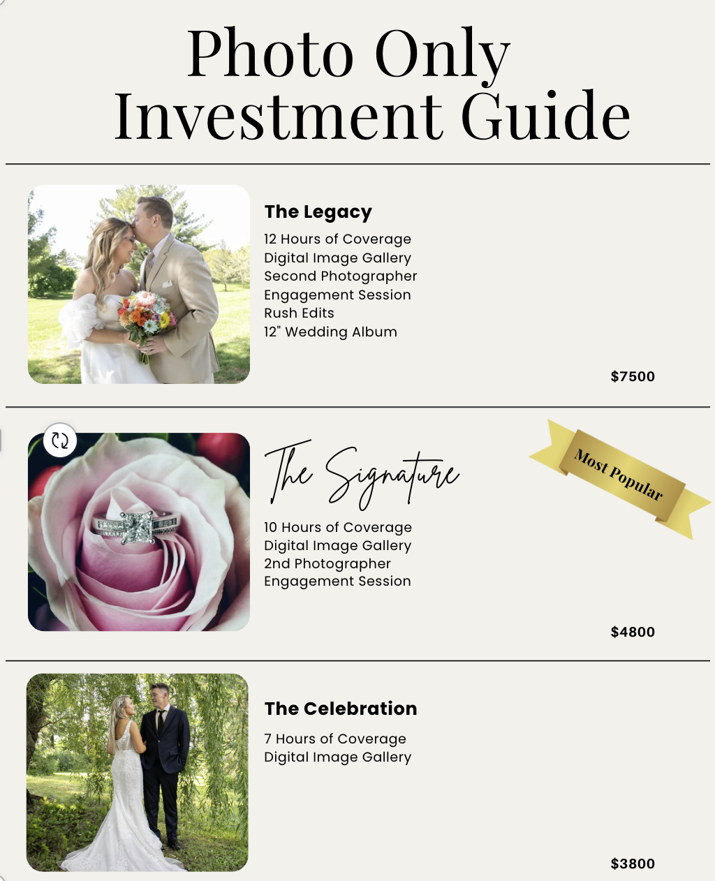 Wedding photography investment guide featuring images of couples and engagement rings.
