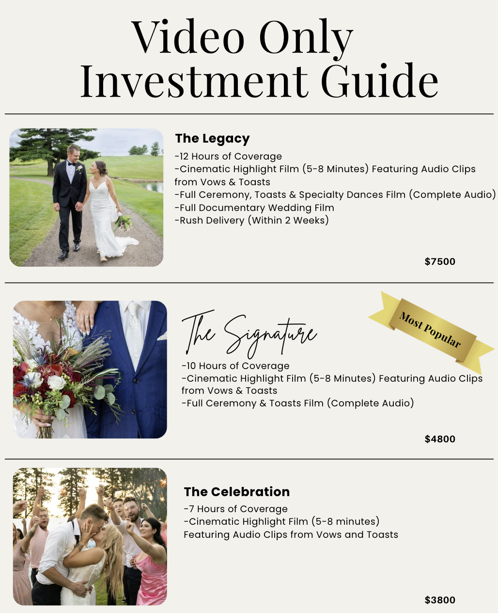 A wedding videography service price list featuring three packages: The Legacy, The Signature, and The Celebration, each with details about coverage, film features, and pricing, including photos of a wedding couple, an engaged pair holding flowers, and a group wedding celebration.