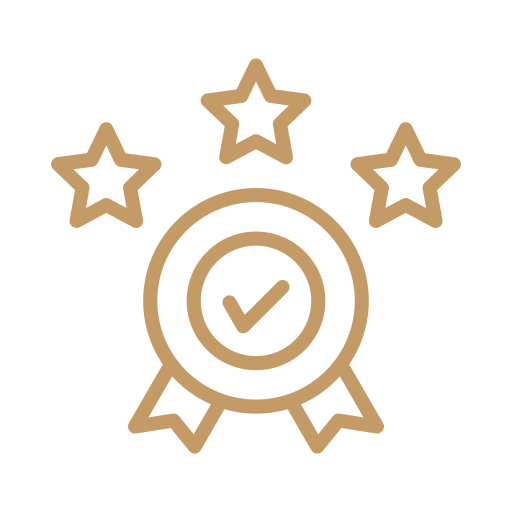 An award badge with a checkmark in the center, surrounded by three stars.