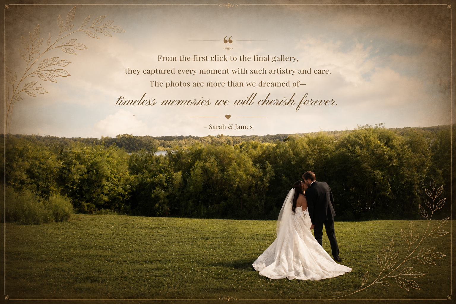 A couple dressed in wedding attire, standing on a grassy field, sharing an intimate moment with a lush green landscape and cloudy sky in the background. Overlayed with a heartfelt quote about capturing memories.