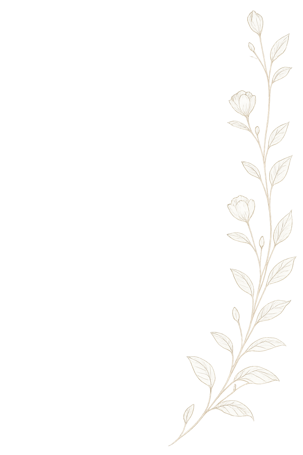 A decorative illustration of a tall, elegant branch with leaves and partly opened flowers along the right side of the image.