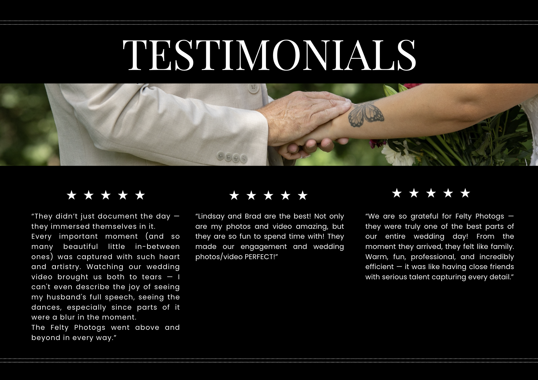 Wedding testimonial webpage header with a photo of an arm with a butterfly tattoo holding hands, and the word 'TESTIMONIALS' in large text on a black background. Below are three customer reviews with star ratings.