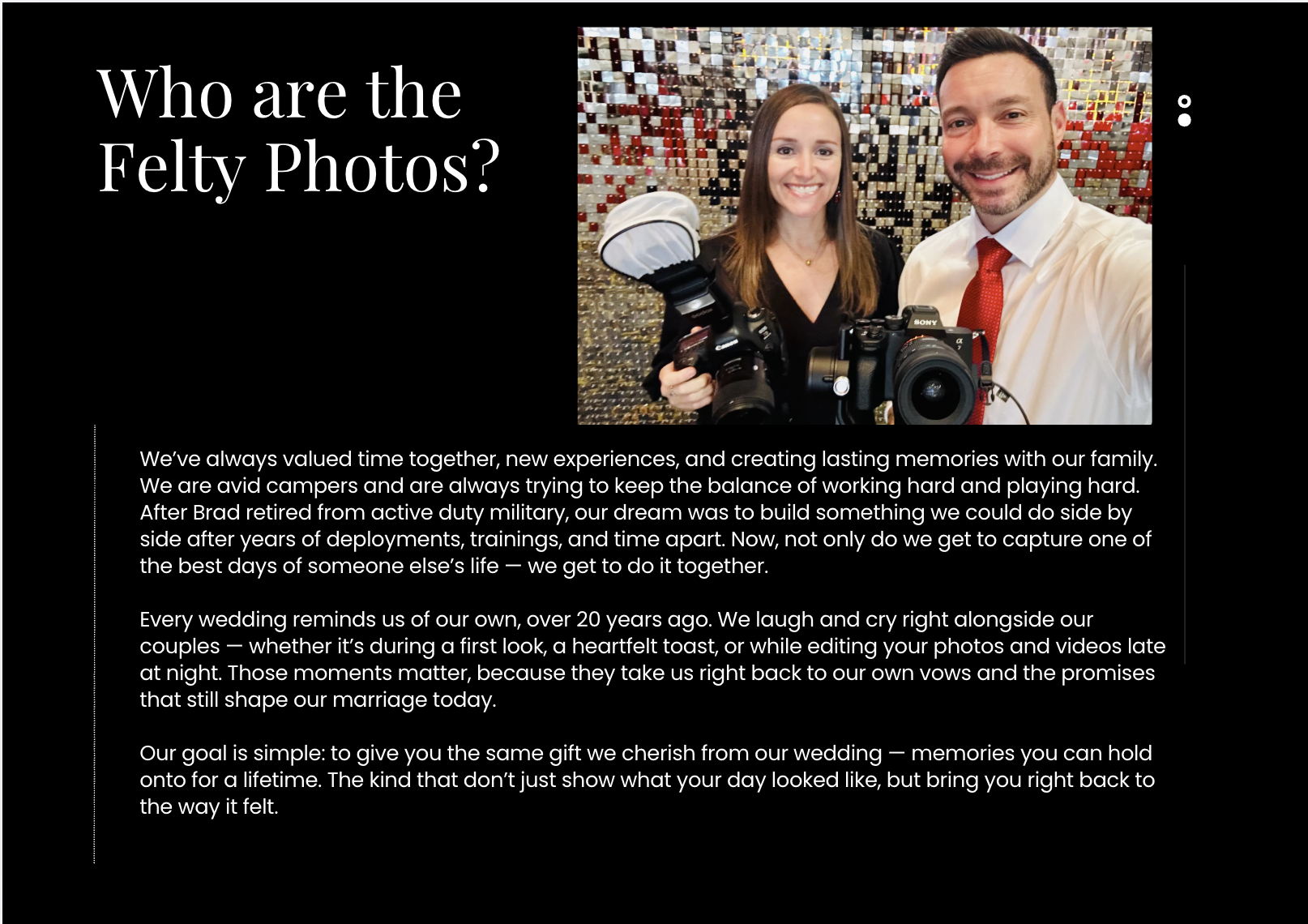 A couple taking a selfie at a wedding or event, with cameras in hand, in front of a colorful, reflective background.