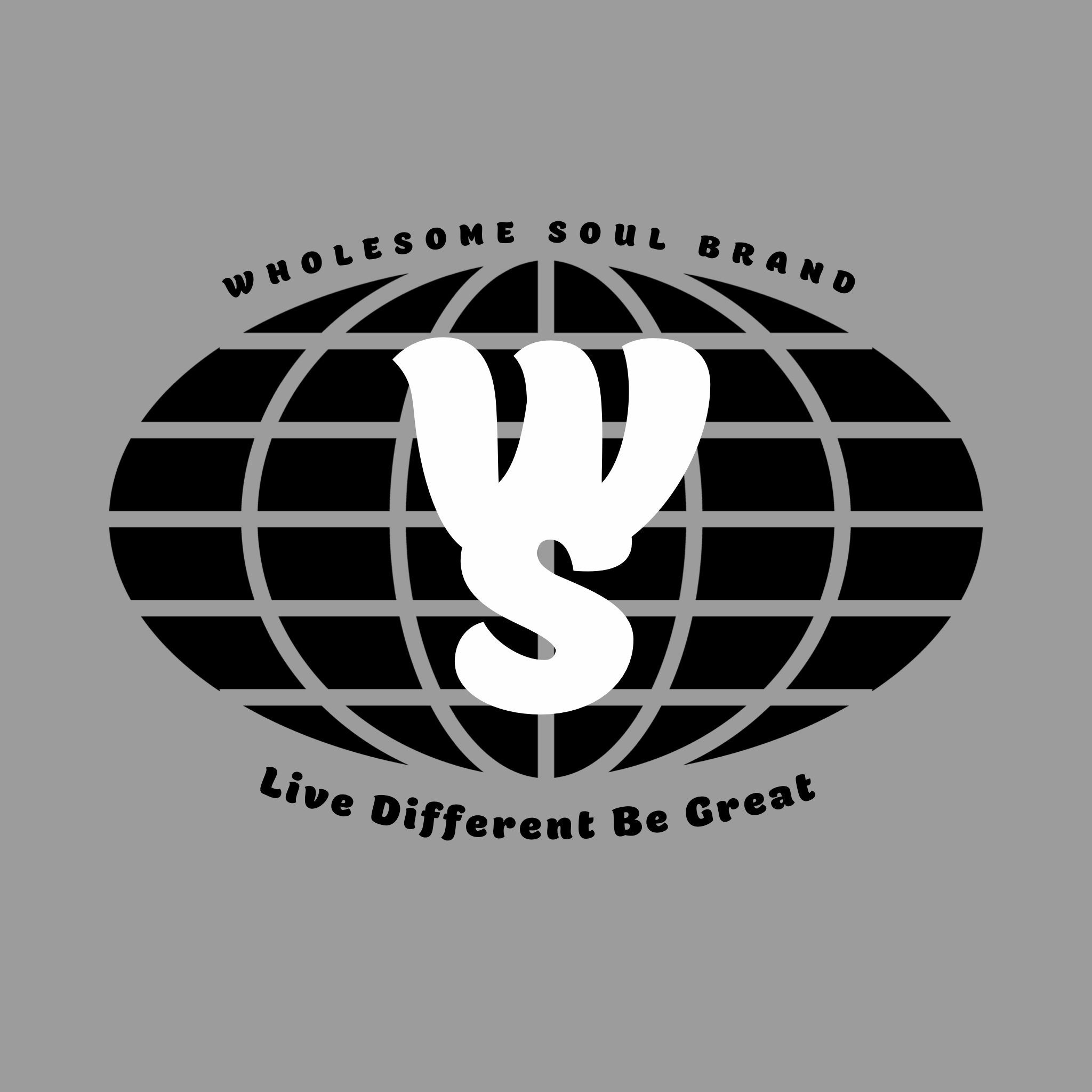 A black and white logo featuring a globe with text 'Wholesome Soul Brand' above and 'Live Different Be Great' below, with a stylized 'W' and 'S' in the center.