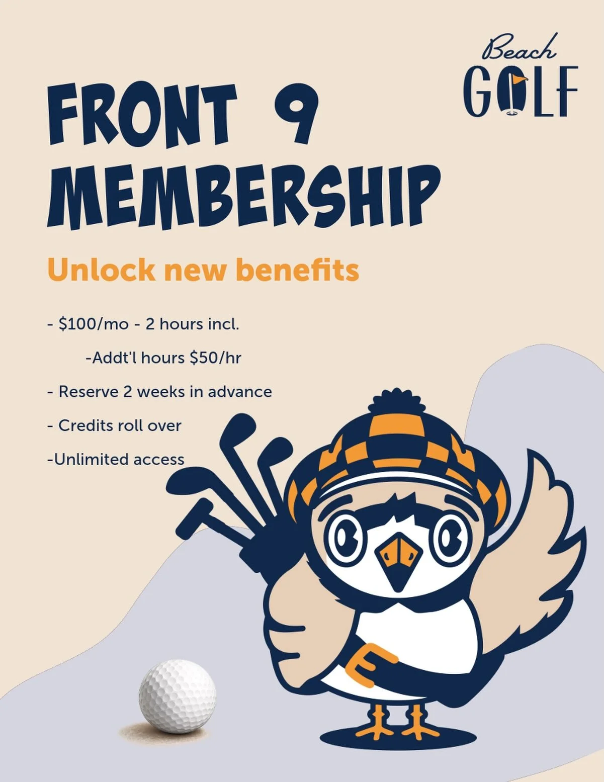 ✨New perk unlocked: your hours now roll over ⛳️

Your Front 9 Membership just got even better&mdash;now every hour you don&rsquo;t use stays banked for later.

$100/mo gets you built-in savings every time you play, plus:
&bull; 2 hours included month