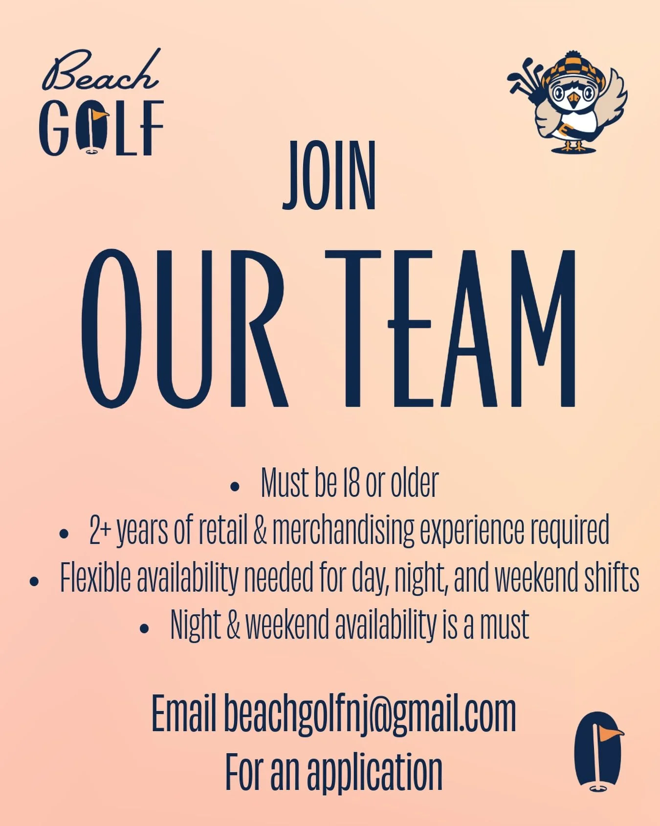 We&rsquo;re hiring at Beach Golf!
You do NOT need a golf background &mdash; we can train the right person on that side. We&rsquo;re really looking for someone with strong retail, merchandising, and customer service experience who&rsquo;s comfortable 
