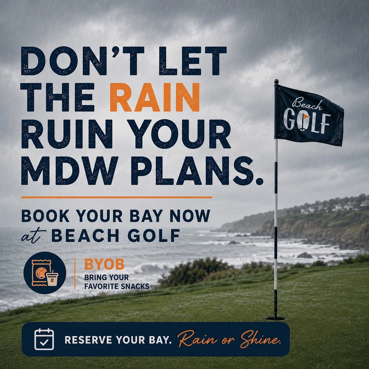 Rain in the forecast? 🌧️⛳️

Don&rsquo;t let the weather ruin your MDW plans. Grab your crew, bring your favorite snacks &amp; drinks, and spend the weekend at Beach Golf instead.

🏌️&zwj;♂️ 3 @trackmangolf simulator bays🌊 Coastal golf vibes, rain 