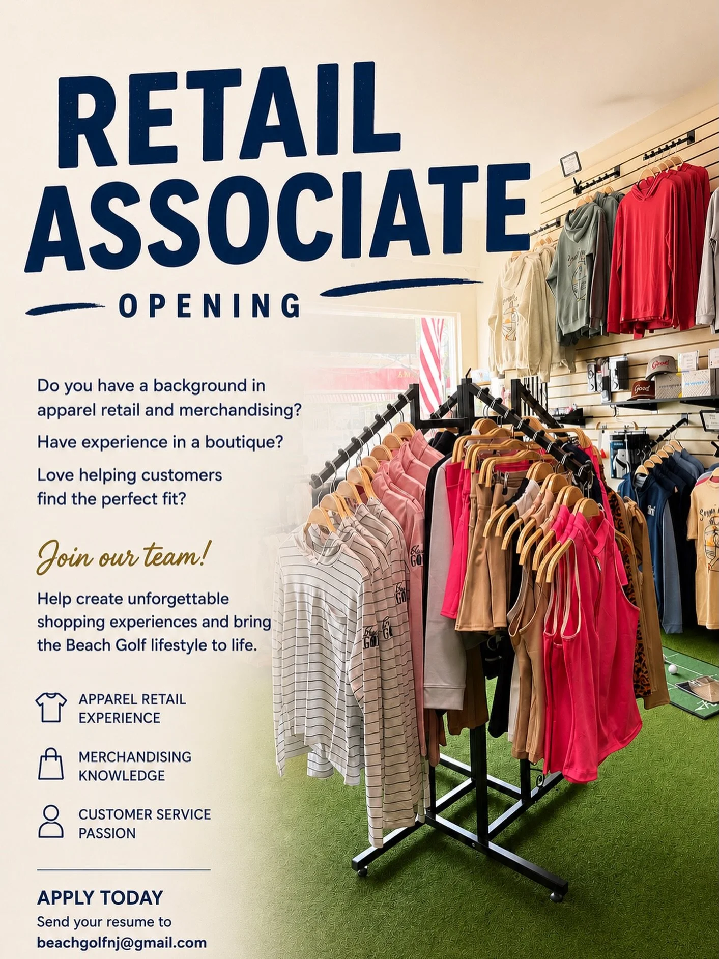 We&rsquo;re Hiring: Retail Associate🛍️

Do you have a background in apparel retail and merchandising? Have experience working in a boutique environment? Love helping customers find the perfect fit?

Beach Golf is looking for a Retail Associate to jo