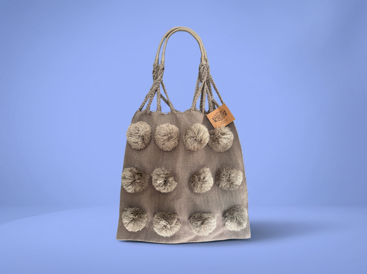 Handwoven cotton tote bag with pompoms – Grey | Made in Chiapas, Mexico | Rooted in Mexico