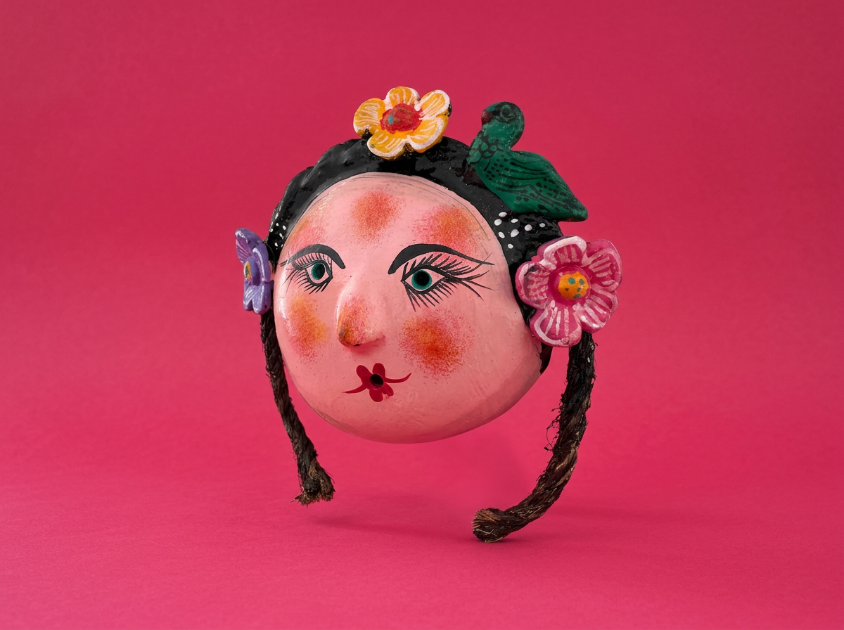 Hand-Carved Coconut Woman with Flowers in Hair Mask