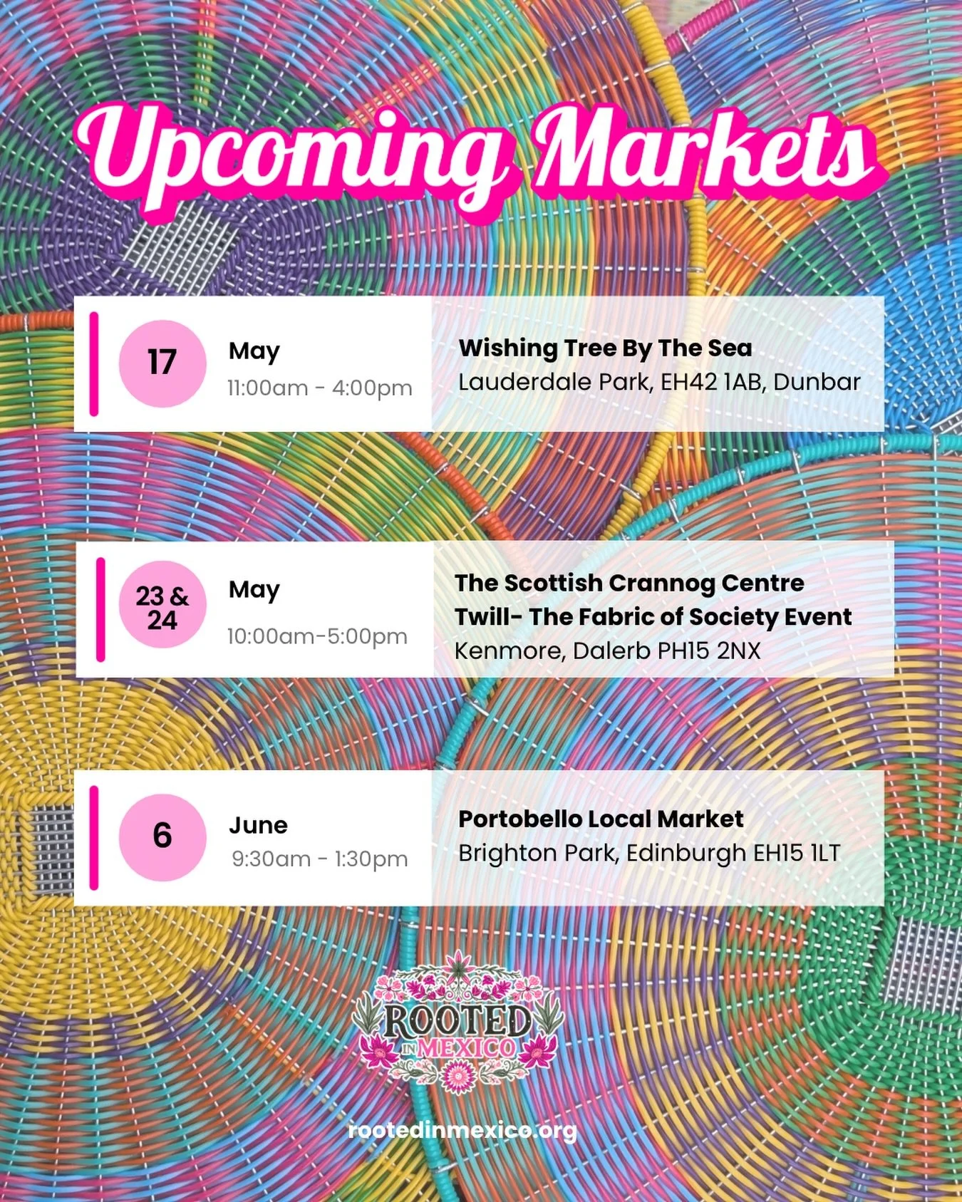 Save the dates. 🗓️

We&rsquo;d love to see you at our next markets, come say hello and find your piece of Rooted in Mexico.

See you there! 😍

#RootedInMexico #MexicanCraft #MadeInMexico #SmallBusiness