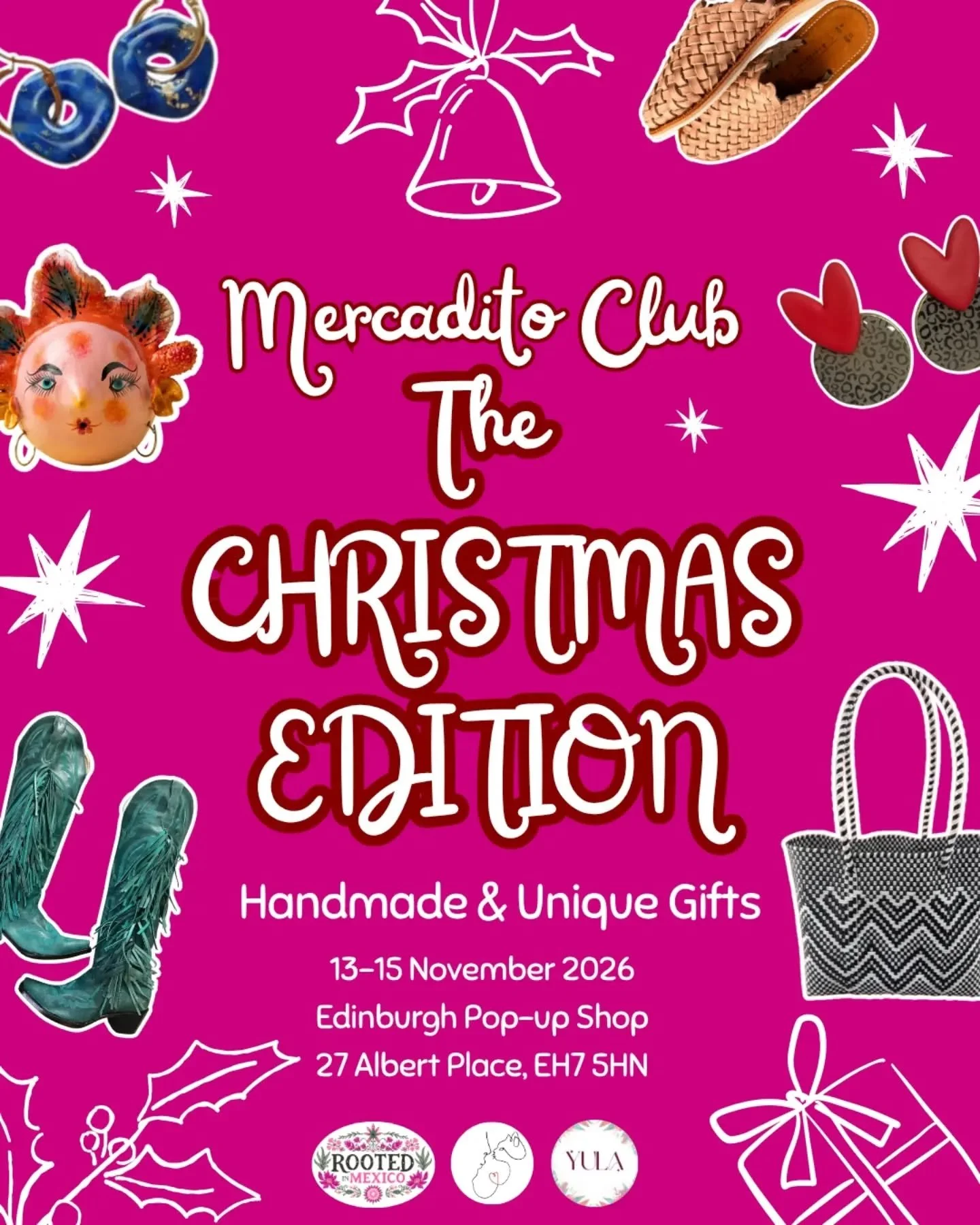 Mercadito Club: The Christmas Edition 🎄✨

Three Hispanic chicas, popping up together for the holidays 💃🏽
@rooted_in_mexico, @clay.bylola and @yulashoes.uk at the @edinburghpopupshop 

🇲🇽 From Mexico: beautiful artisan-made gifts and Yula's cowbo