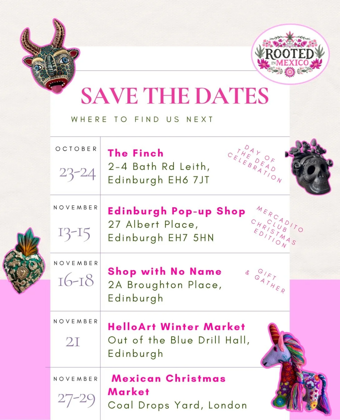 A little more Mexico coming your way 🇲🇽❤️

Here&rsquo;s where you can find us this weekend &amp; November.
Save the dates and come say hola! ✨