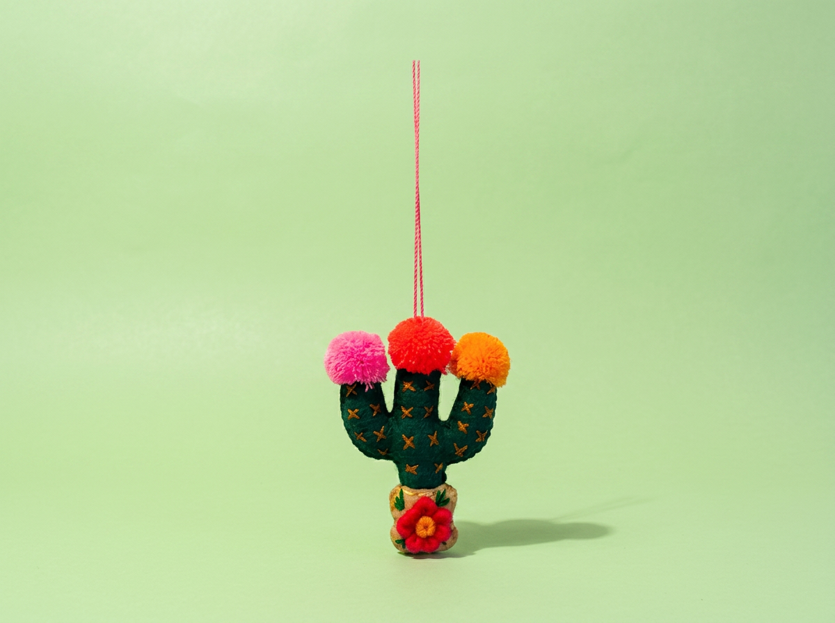 Hand-Embroidered Cactus Charm with Pompoms | Made in Chiapas, Mexico | Rooted in Mexico