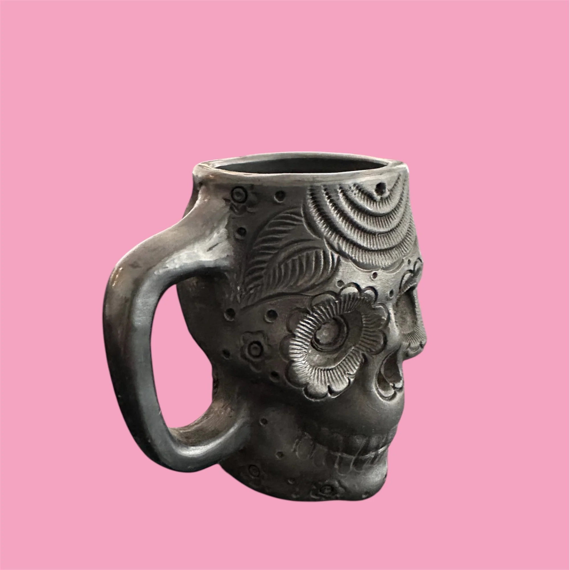 Handcrafted Barro Negro Skull Mug | Oaxacan Black Clay