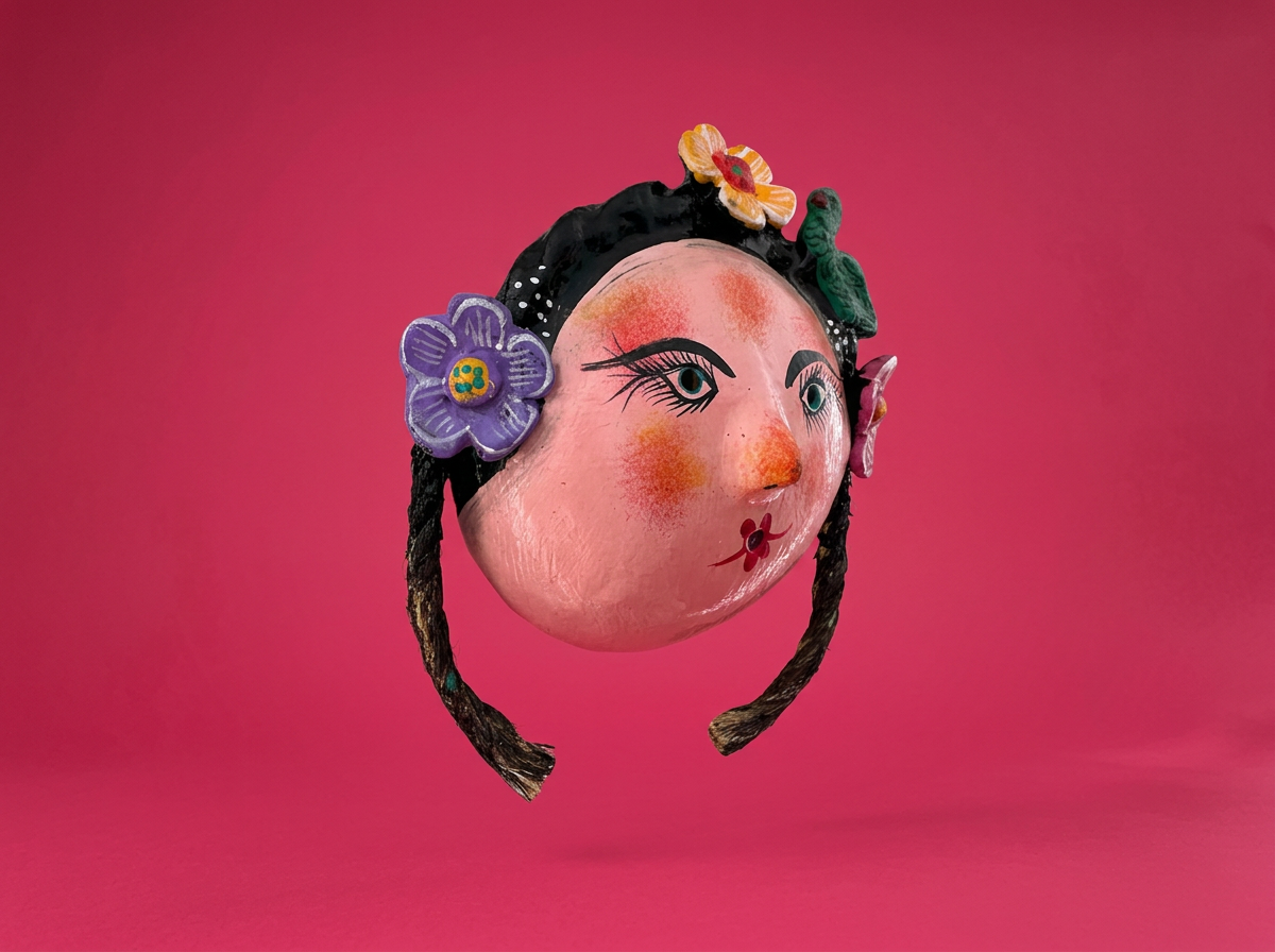 Hand-Carved Coconut Woman with Flowers in Hair Mask
