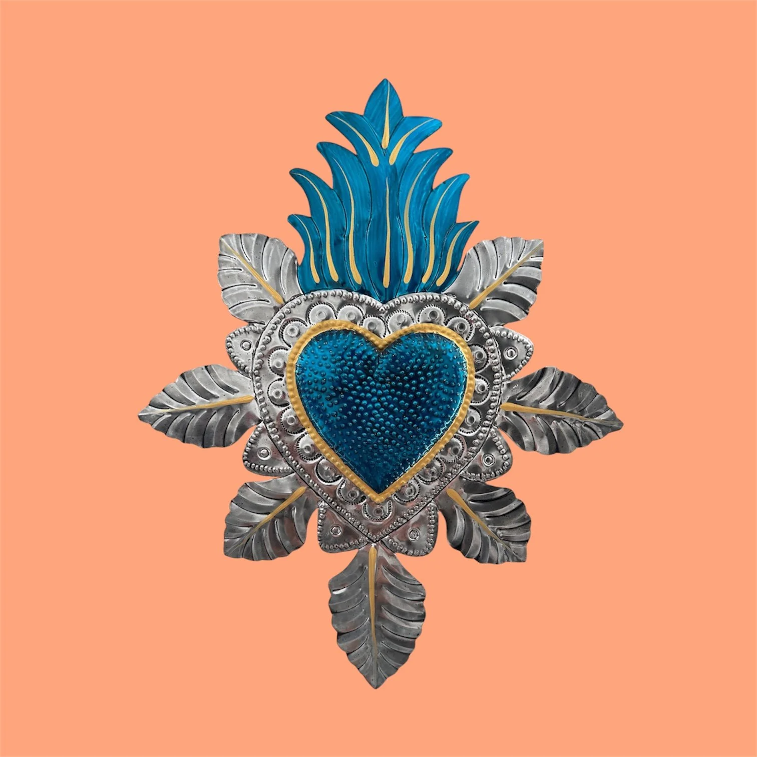 Hand-Punched Tin Sacred Heart Medium – Silver & Blue