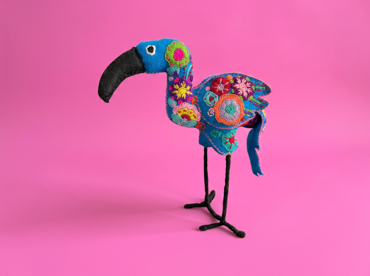Hand-Embroidered Flamingo Soft Toy