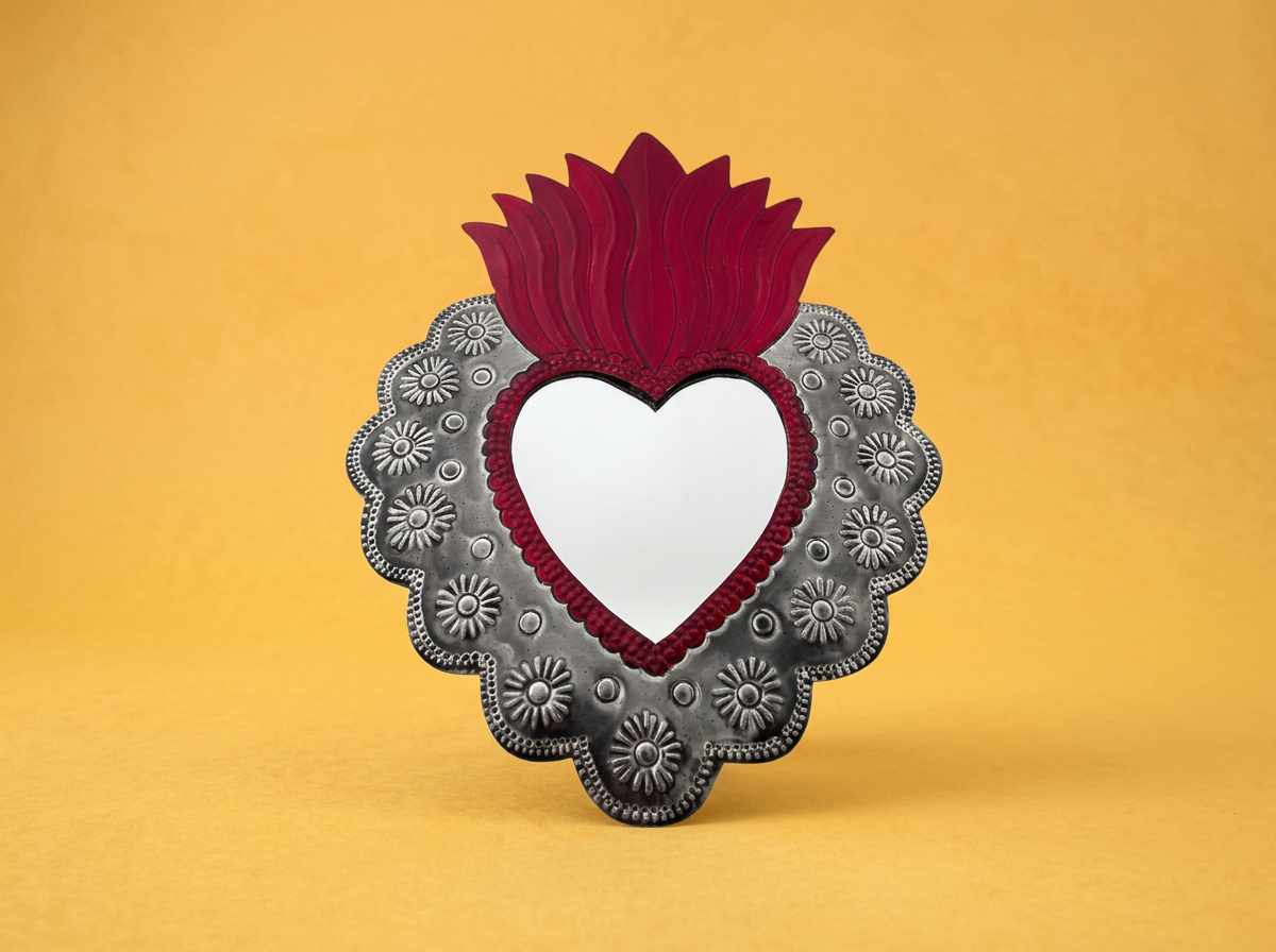 Hand-Punched Tin Sacred Heart Mirror XS– Silver & Red