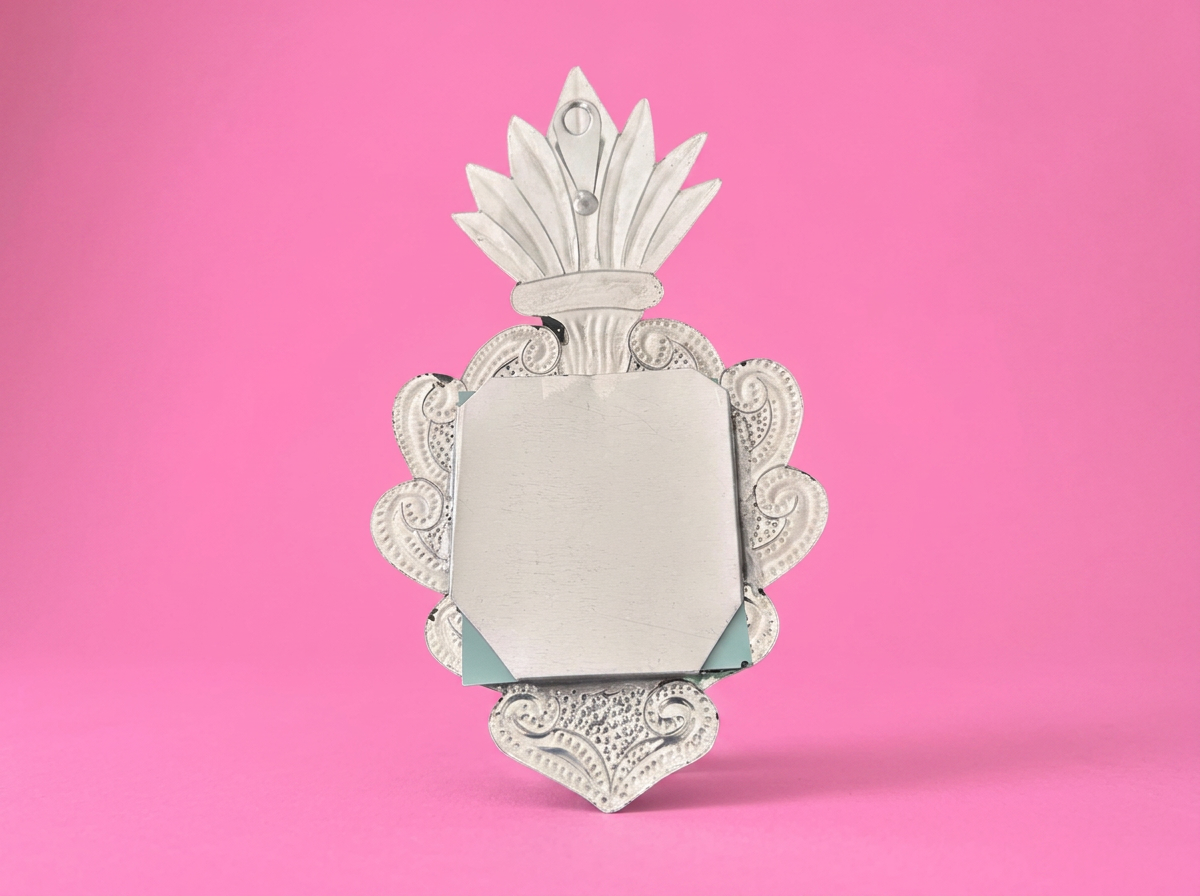 Hand-Punched Tin Sacred Heart Mirror | Mexican Folk Art | Oaxaca