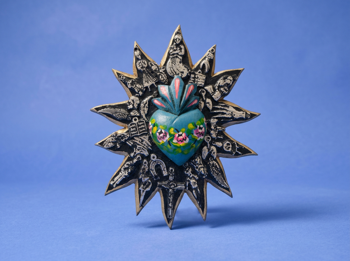 Milagrito Sunburst Sacred Heart Blue Handmade from Guanajuato Mexico | Rooted in Mexico