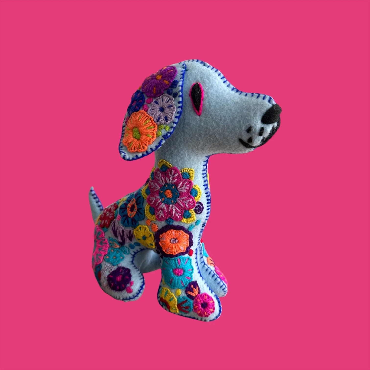 Embroidered Felt Dog Figurine – Floral Day of the Dead Design