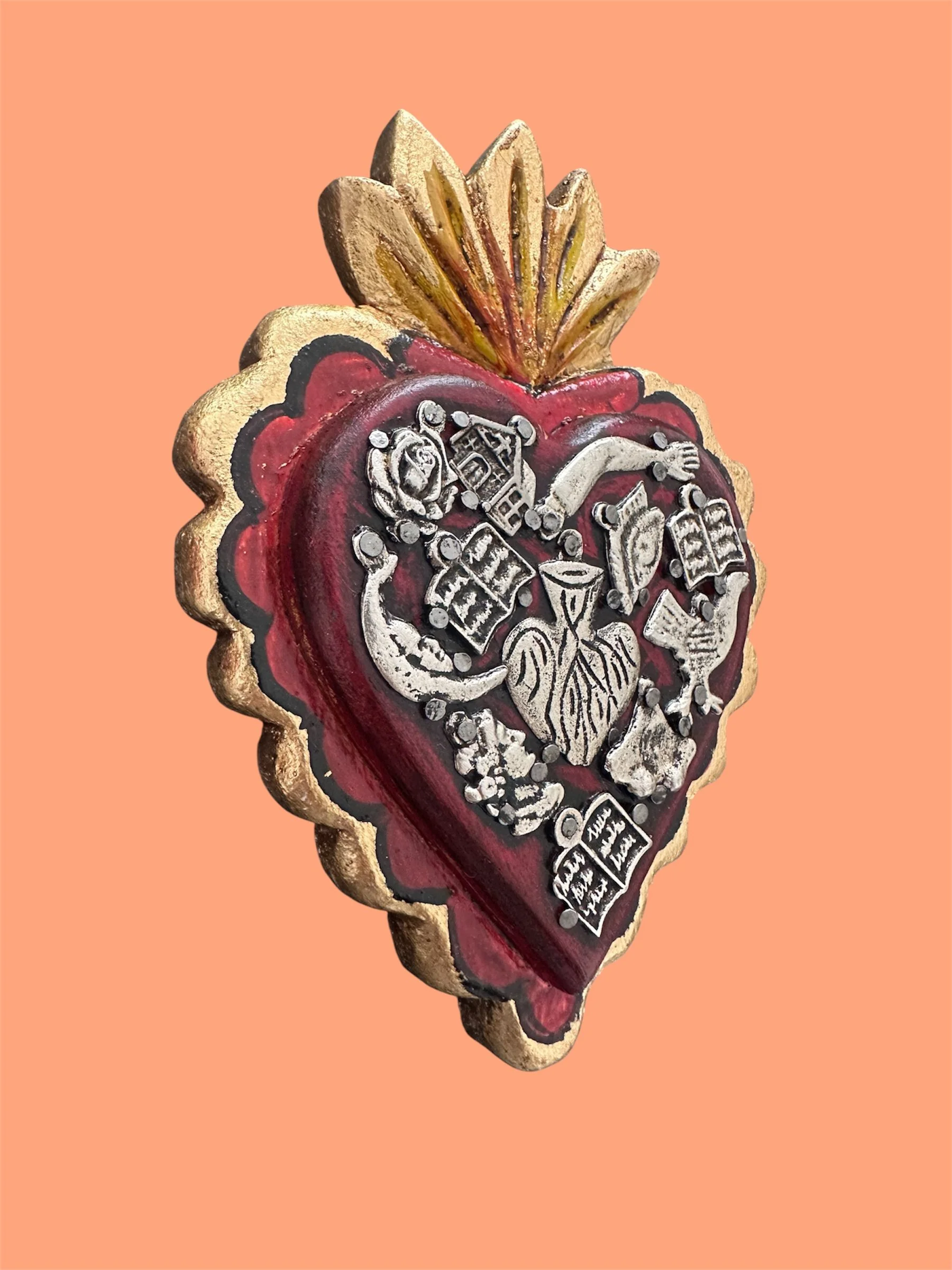 Extra large decorative Mexican milagrito heart in gold and red, handmade in Mexico.