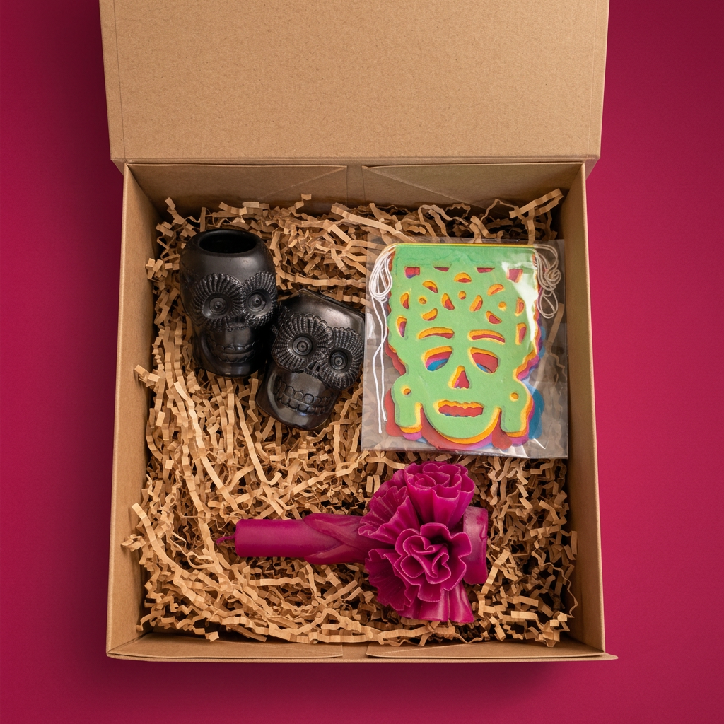 Day of the dead gift box with papel picado, barro negro and candle