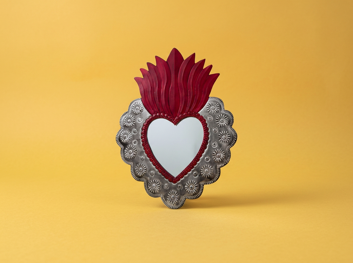 Hand-Punched Tin Sacred Heart Mirror | Mexican Folk Art | Oaxaca