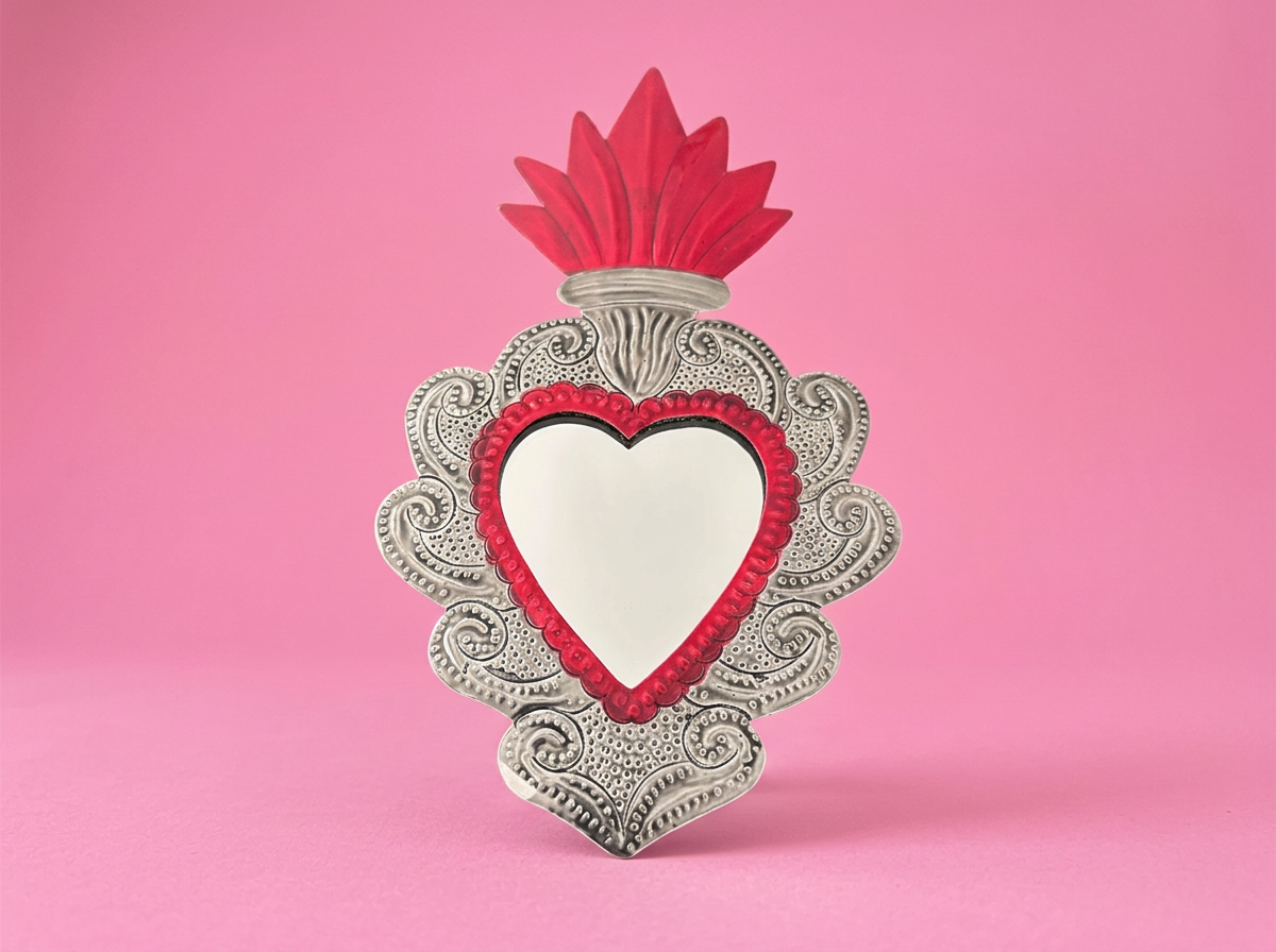 Hand-Punched Tin Sacred Heart Mirror – Silver & Red