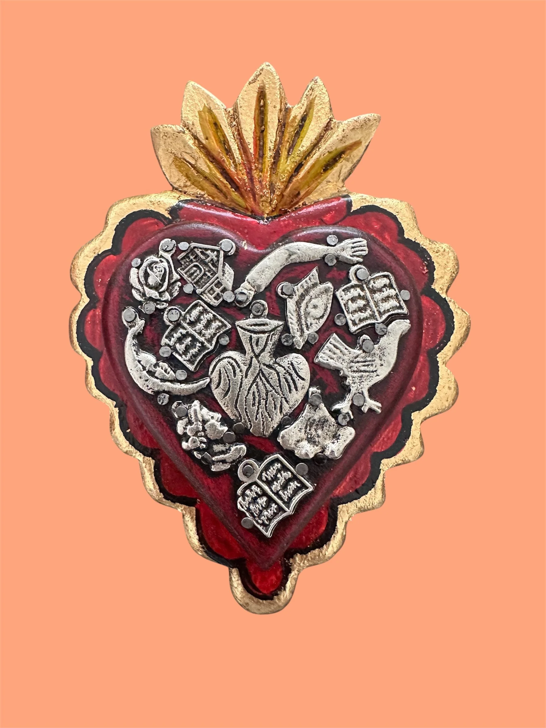 Extra large gold and red Mexican milagrito heart handcrafted in Mexico.