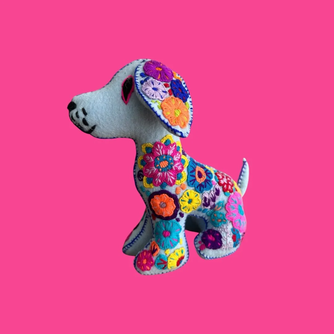 Embroidered Felt Dog Figurine – Floral Day of the Dead Design