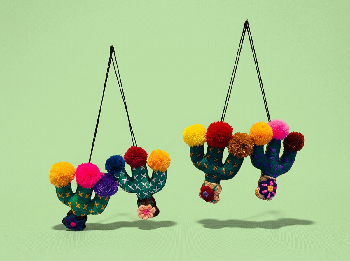 Hand-Embroidered Cactus Charm with Pompoms