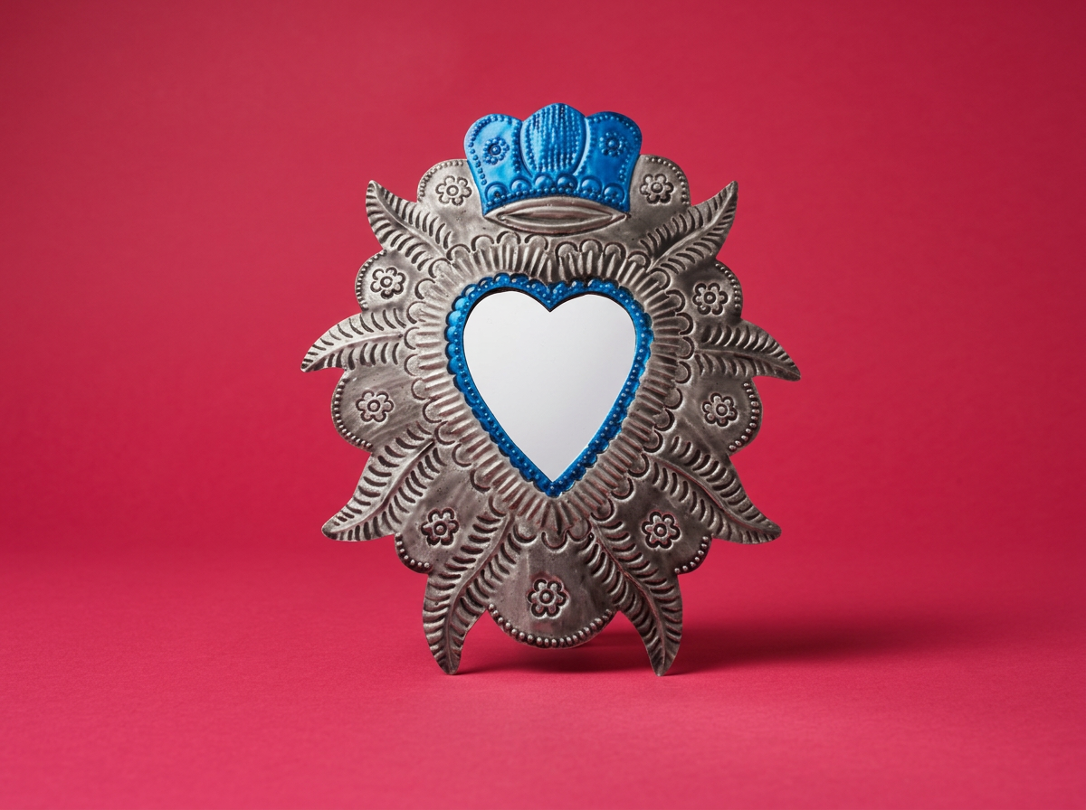 Hand-Punched Tin Sacred Heart Mirror Large– Silver & Blue