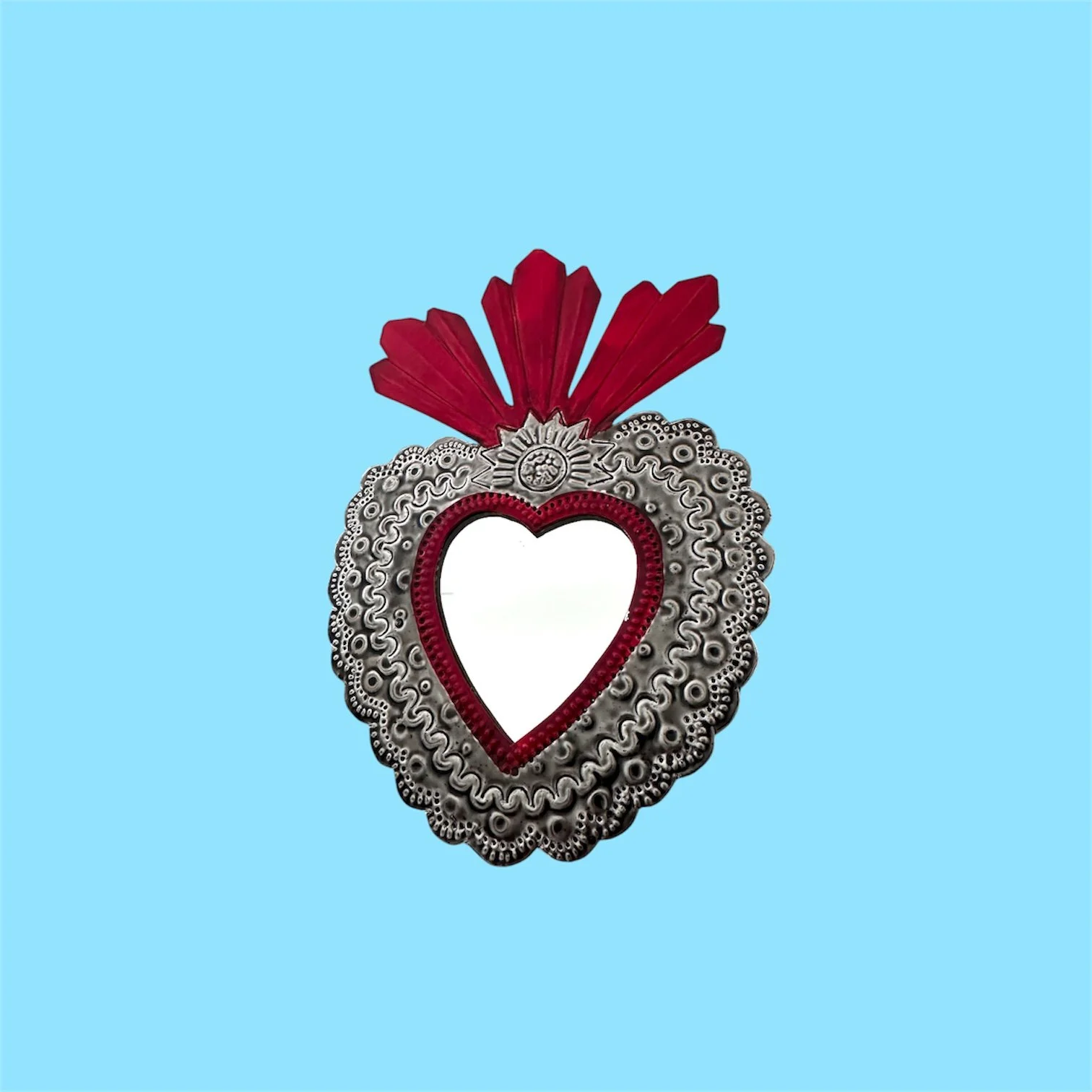 Hand-Punched Tin Sacred Heart Mirror XS– Silver & Red