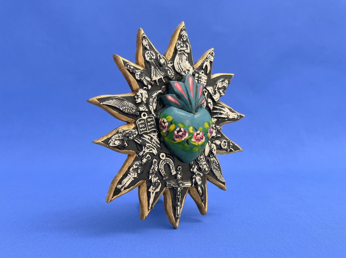 Milagrito Sunburst Sacred Heart Blue Handmade from Guanajuato Mexico | Rooted in Mexico