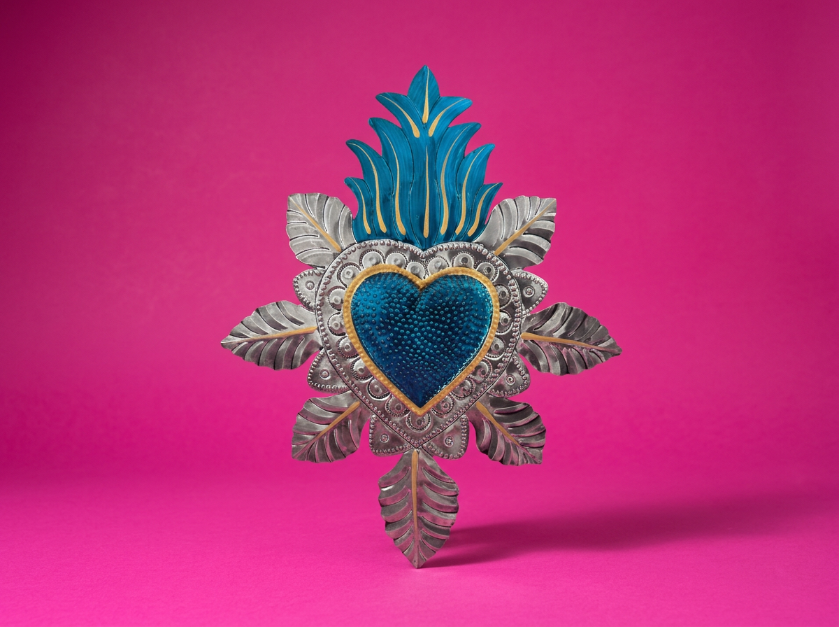 Hand-Punched Tin Sacred Heart Medium – Silver & Blue