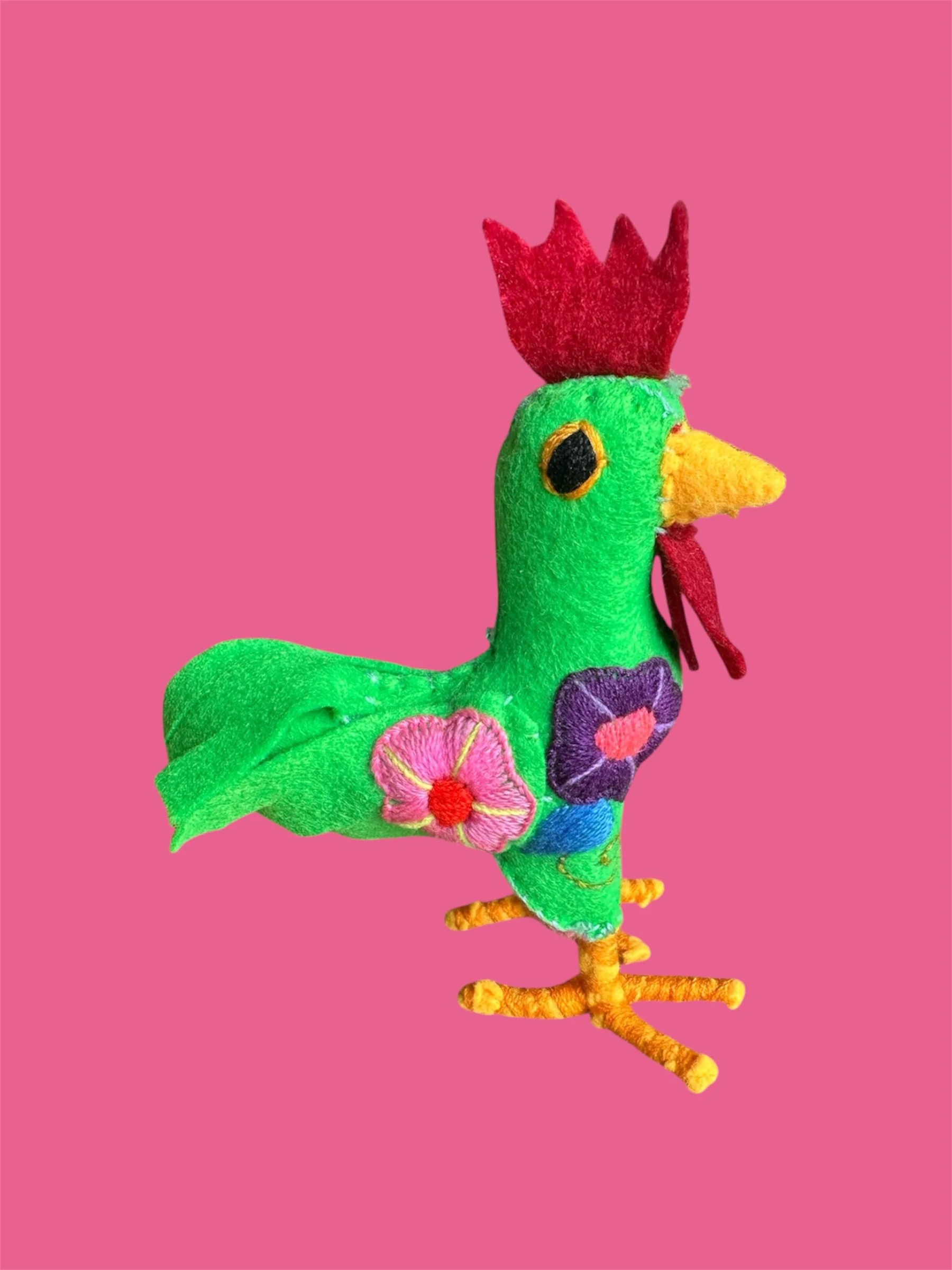 Embroidered cockerel soft toy handcrafted in Mexico.