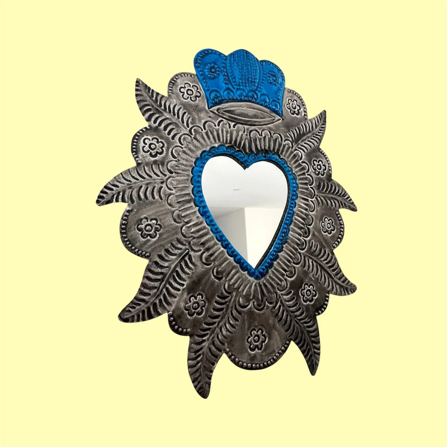 Hand-Punched Tin Sacred Heart Mirror Large– Silver & Blue