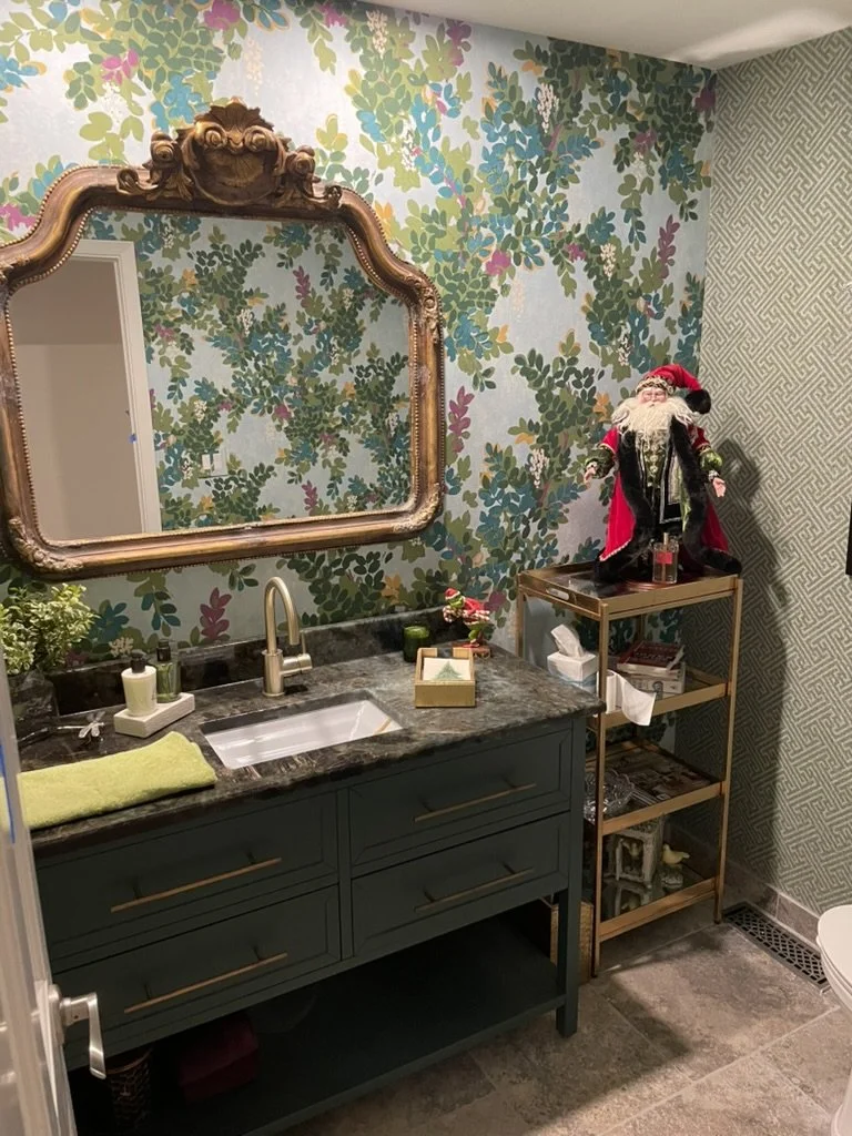 Fresh wallpaper and an updated vanity create a bold statement.