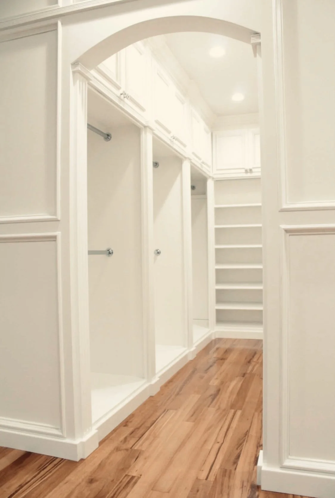 Painted cabinetry adds organized hanging space and adjustable shelves.